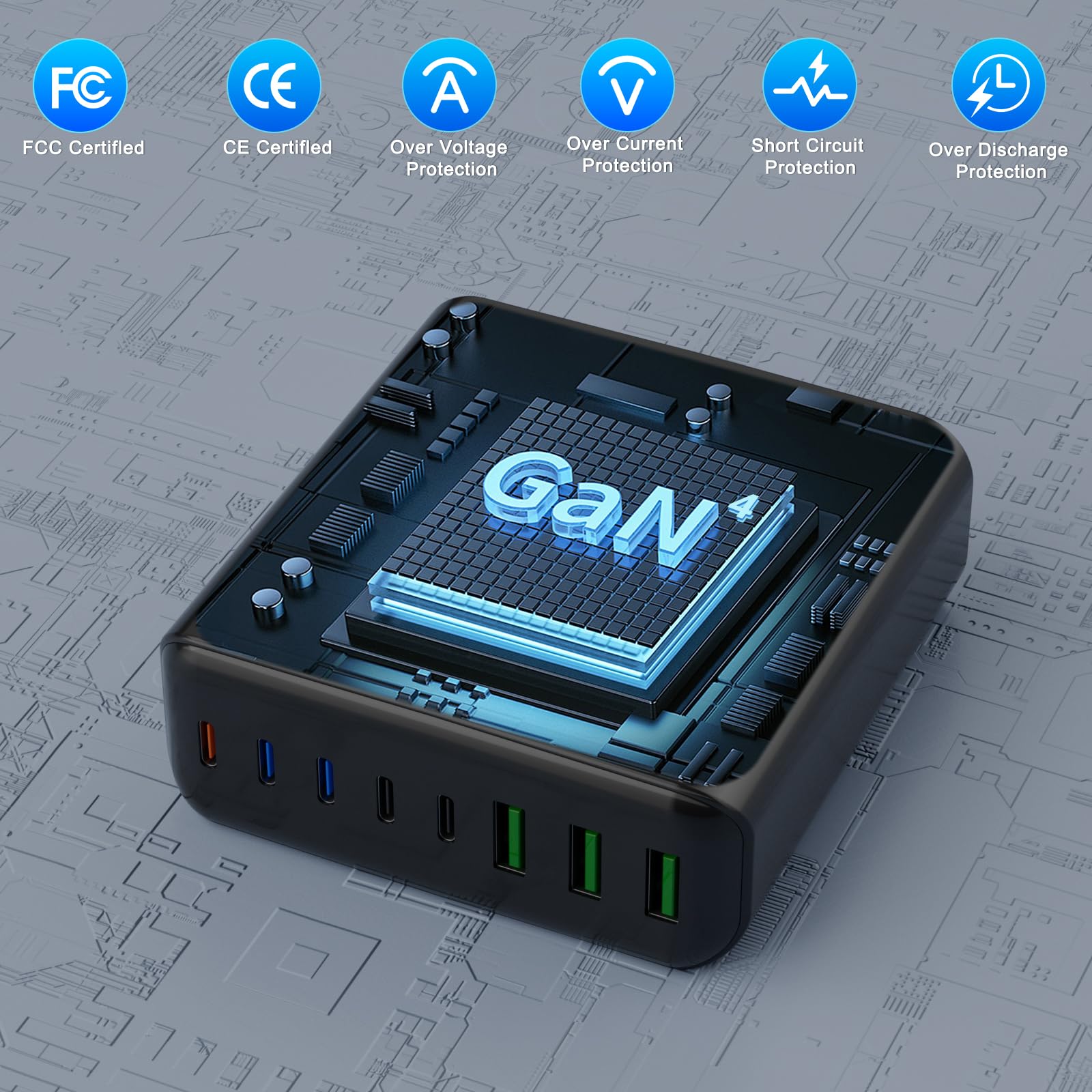Chargeur USB C 400 W, GaN IV 8 ports, chargeur rapide, 400 W, 8 ports, compatible avec MacBook Pro/Air, iPad Pro/Air, iPhone, Android, etc. (noir, 8 ports-400 W)