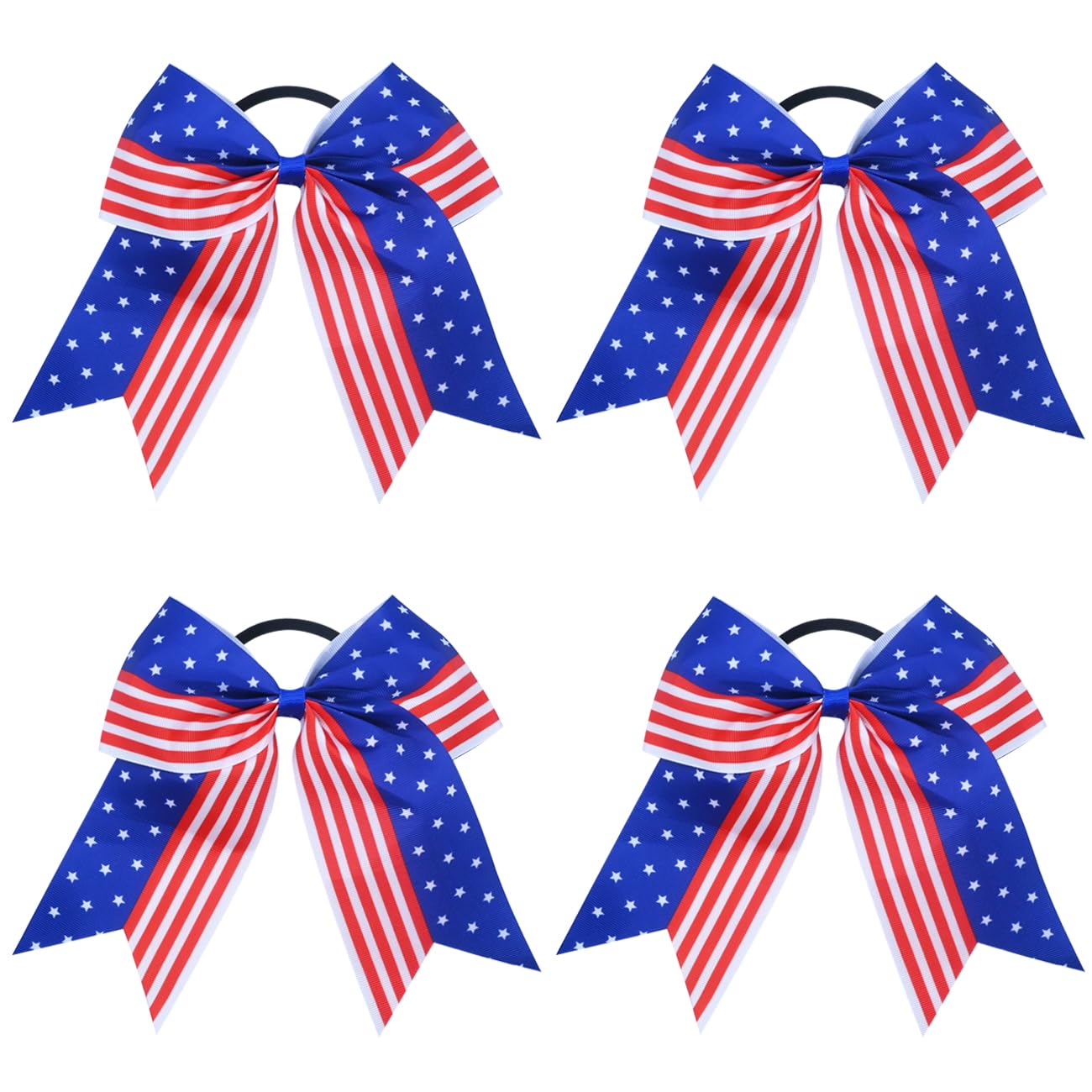 4PCS 4th of July Cheer Hair Bows 8" Patriotic Flag Festival Cheerleading Bow with Ponytail Holder Elastic Band Hair Accessories Cheer Bows