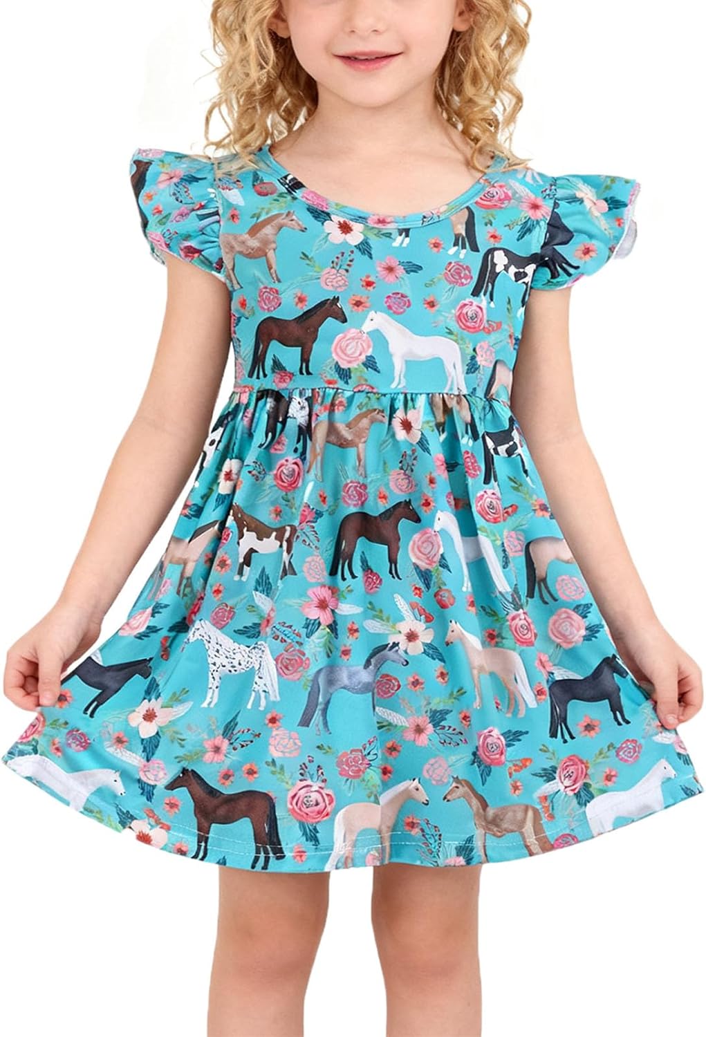 Toddler Girls Dress Baseball Hearts Print Dresses Flutter Sleeve 2-8Y