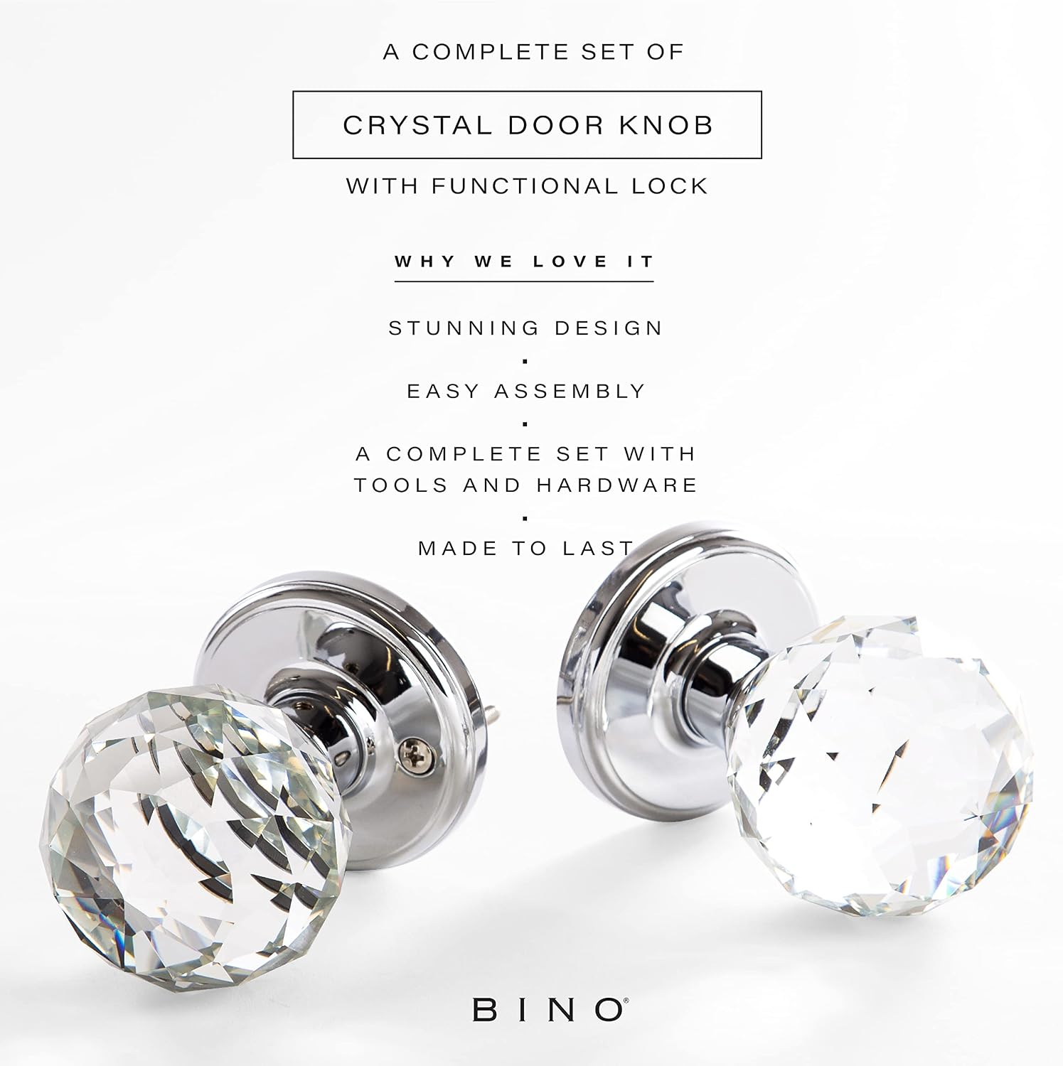 BINO Crystal Functional Interior Door Knobs Set, Chrome - Crystal Door Knobs Interior Crystal Knobs Door Knob