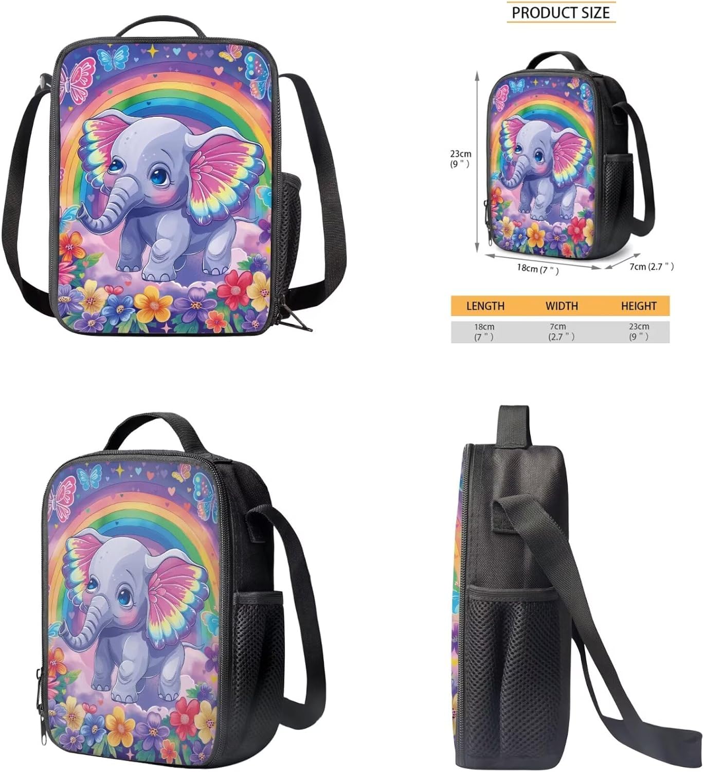 Rainbow Elephant Backpack for Girls Kids Backpack with Lunch Box and Large Capacity Pencil Case 3 in 1 Set 12" Bookbag with Front Pocket Sturdy School Bag with Side Pockets for Toddler Girls