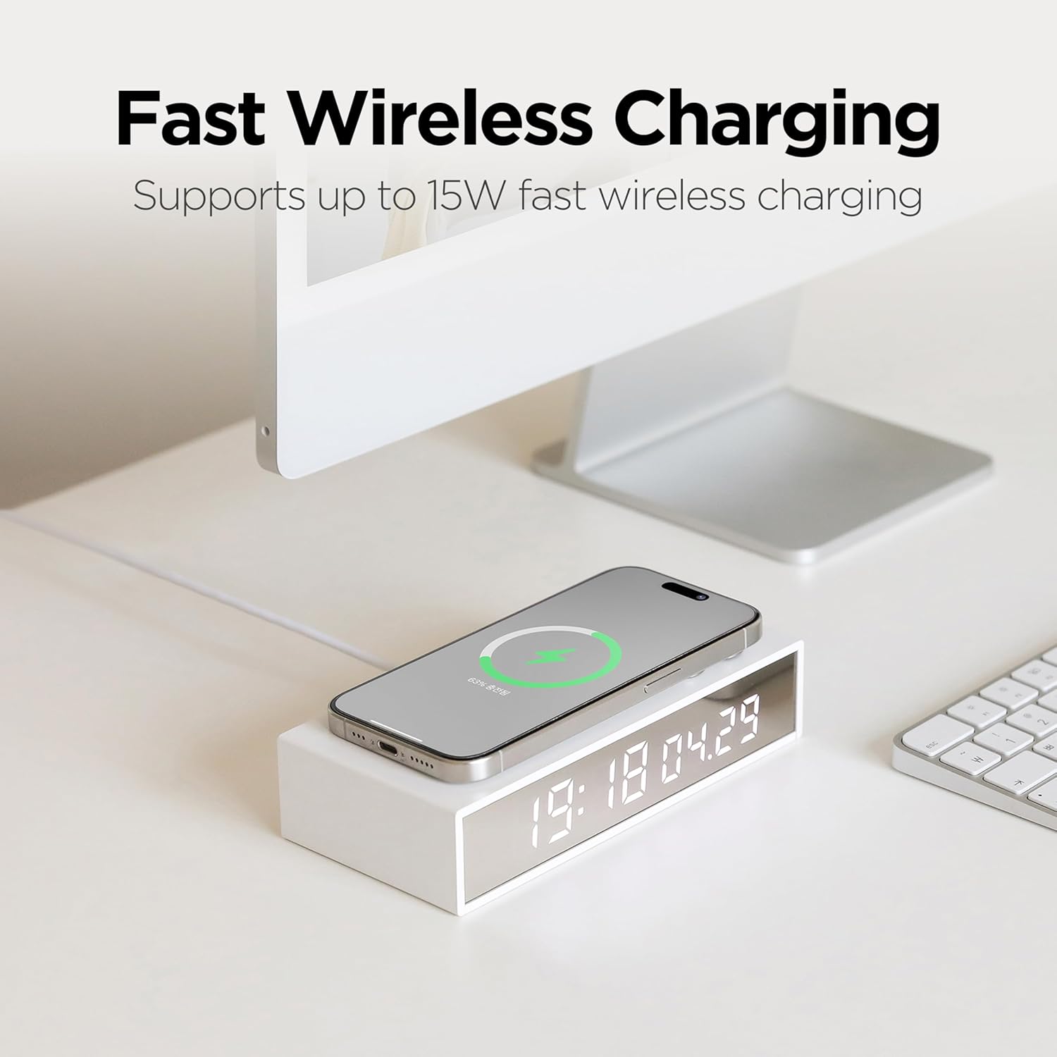 mooas 15W Slim Edge Mirror Wireless Charging Clock (White), Max.15W Fast Wireless Charging, 12/24H time Mode, Alarm & Snooze, Adjustable Brightness Night Mode, Small Digital Alarm Clock Mirror Clock