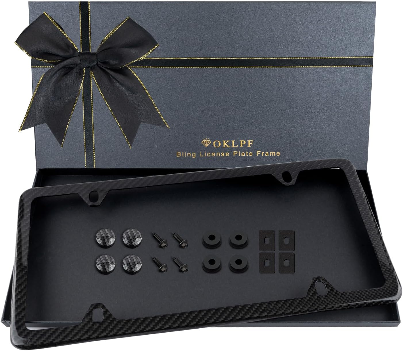 Real Carbon Fiber License Plate Frame – 1 Pack, Handcrafted Carbon Fiber Wrap, Slim Black Stainless Steel Car Tag Cover with Screws, Caps & Rattle Proof Pad, 4-Hole Design