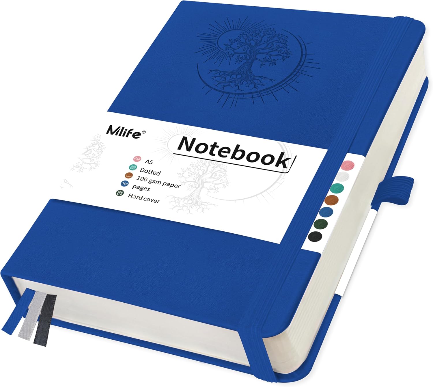 Mlife Notebook A5 Dotted with Tree of Life Design 360 Pages 100 gsm Lined Paper PU Cover Notebook Elastic Band Pen Holder 3 Bookmarks for Women Men 14.6 x 21.3 cm Blue