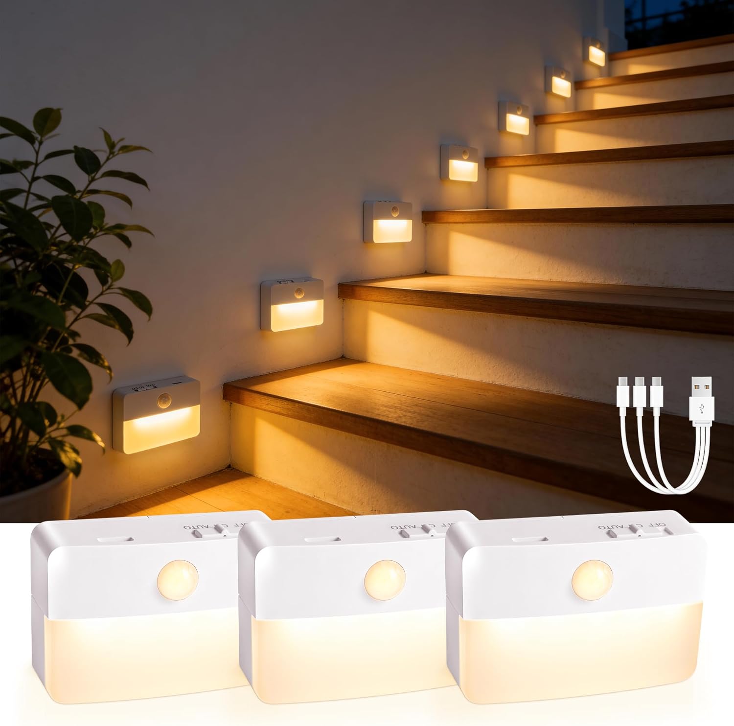 6 Pack Rechargeable Motion Sensor Stair Lights Indoor, Automatic Activated LED Night Light Wireless Battery Powered Portable Hallway Step Toilet Closet Lamp for Bedroom Kitchen