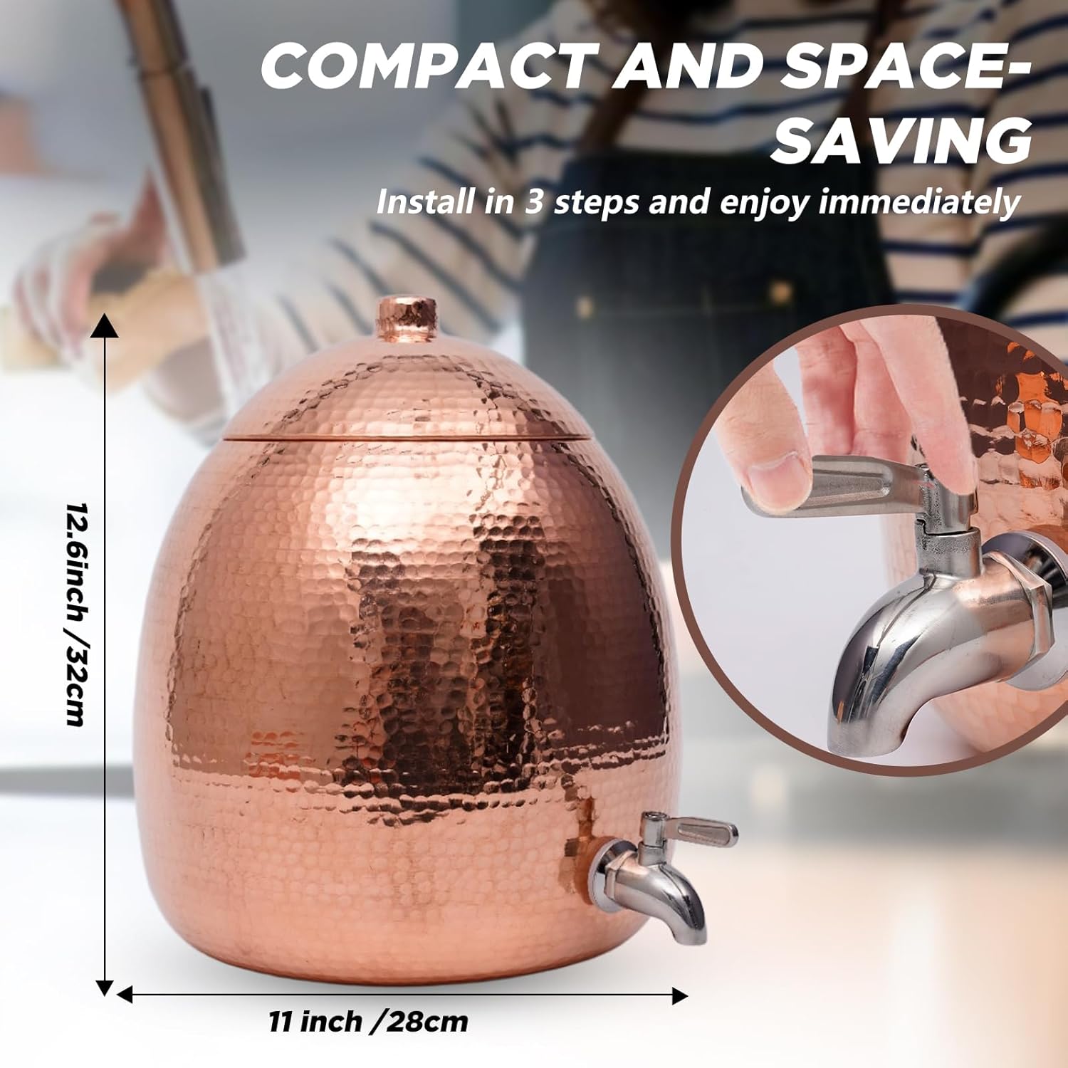 2.5 Gallon Hand-Hammered100% Pure Copper Water Dispenser - AyurvedicUncoated Artisan Crafted, Mirror Polished for Home & Office Use image 5 of 10 B0F9Y48JGL