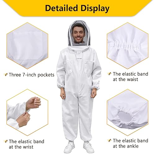 Miniatura 6 de Traje de apicultura, traje profesional de apicultura de cuerpo completo con capucha de velo para hombres y mujeres, apicultor y principiantes con