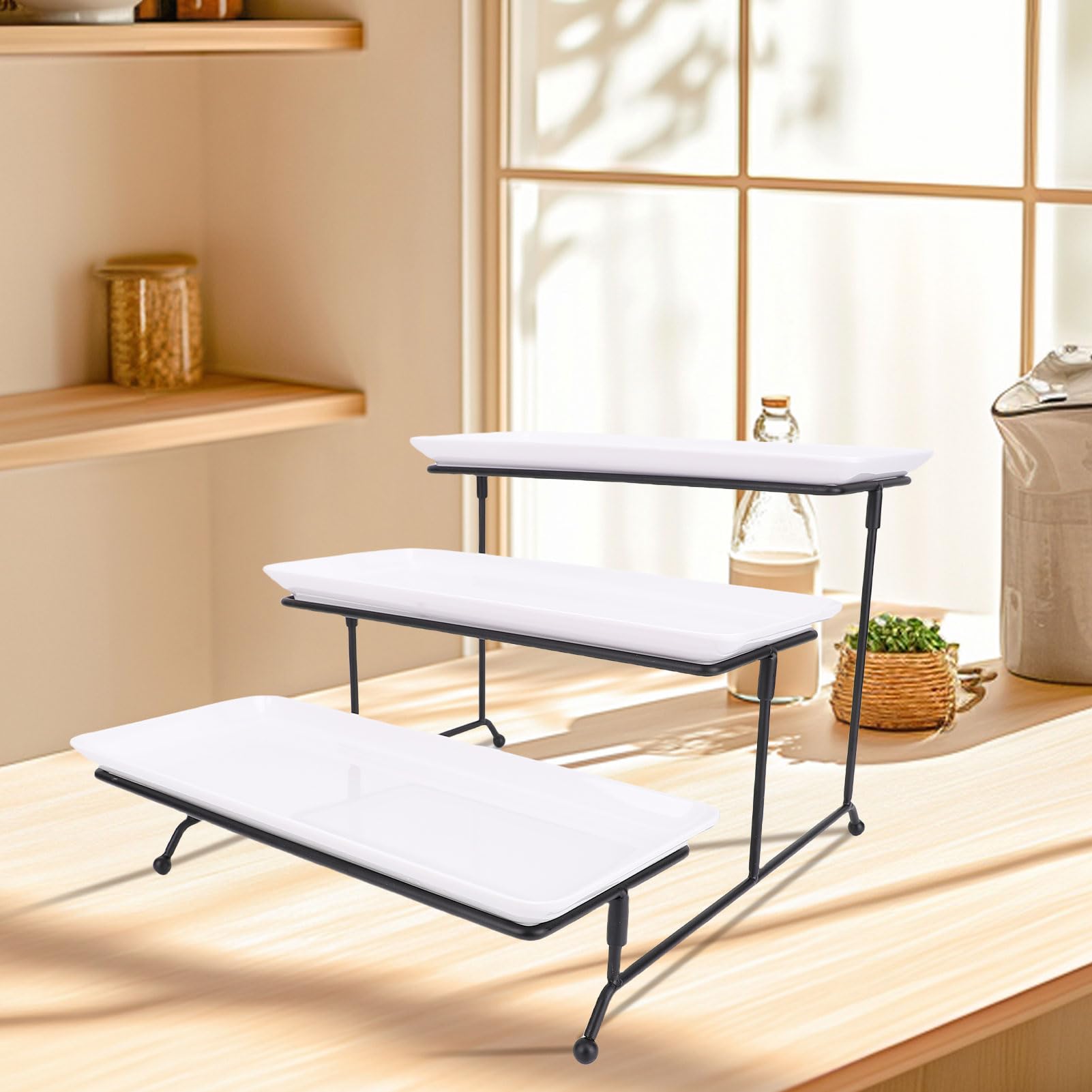 Soporte para servir de 3 niveles con bandejas de porcelana y marco de metal apilable, apto para lavavajillas, ideal para bodas, fiestas, hogar, comedor y decoración de gant