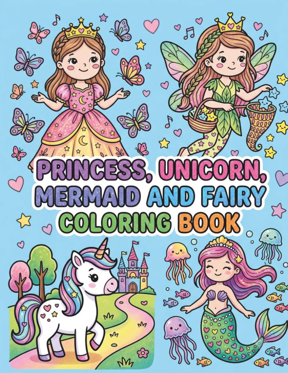 PRINCESS,UNICORN,MERMAID AND FAIRY COLORING BOOK: Magical Fantasy Coloring Pages for Kids