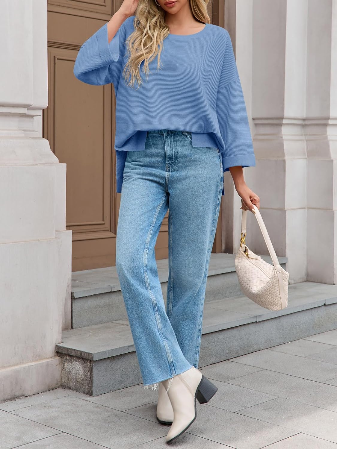 Tankaneo Women's Oversized Sweaters Casual 3/4 Long Sleeve Crewneck Ribbed Knit Split Tunics Fall Loose Pullover Tops - Image 7