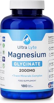 Ultra Lyte Magnesium Glycinate with Trace Minerals – High Absorption Magnesium Supplements for Sleep Aid, Stress Relief & Muscle Support – Vegan & Gluten-Free – 2000mg Magnesium – 180 Count