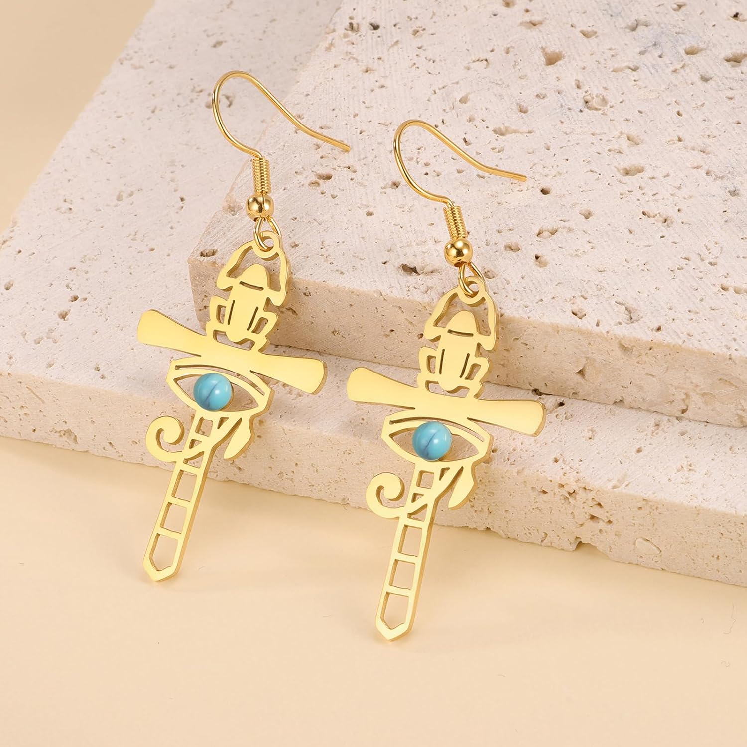 Egyptian Earrings Stainless Steel Eye of Horus Scarab Ankh Dangle Earrings Egyptian Jewelry Gifts for Women - Image 4
