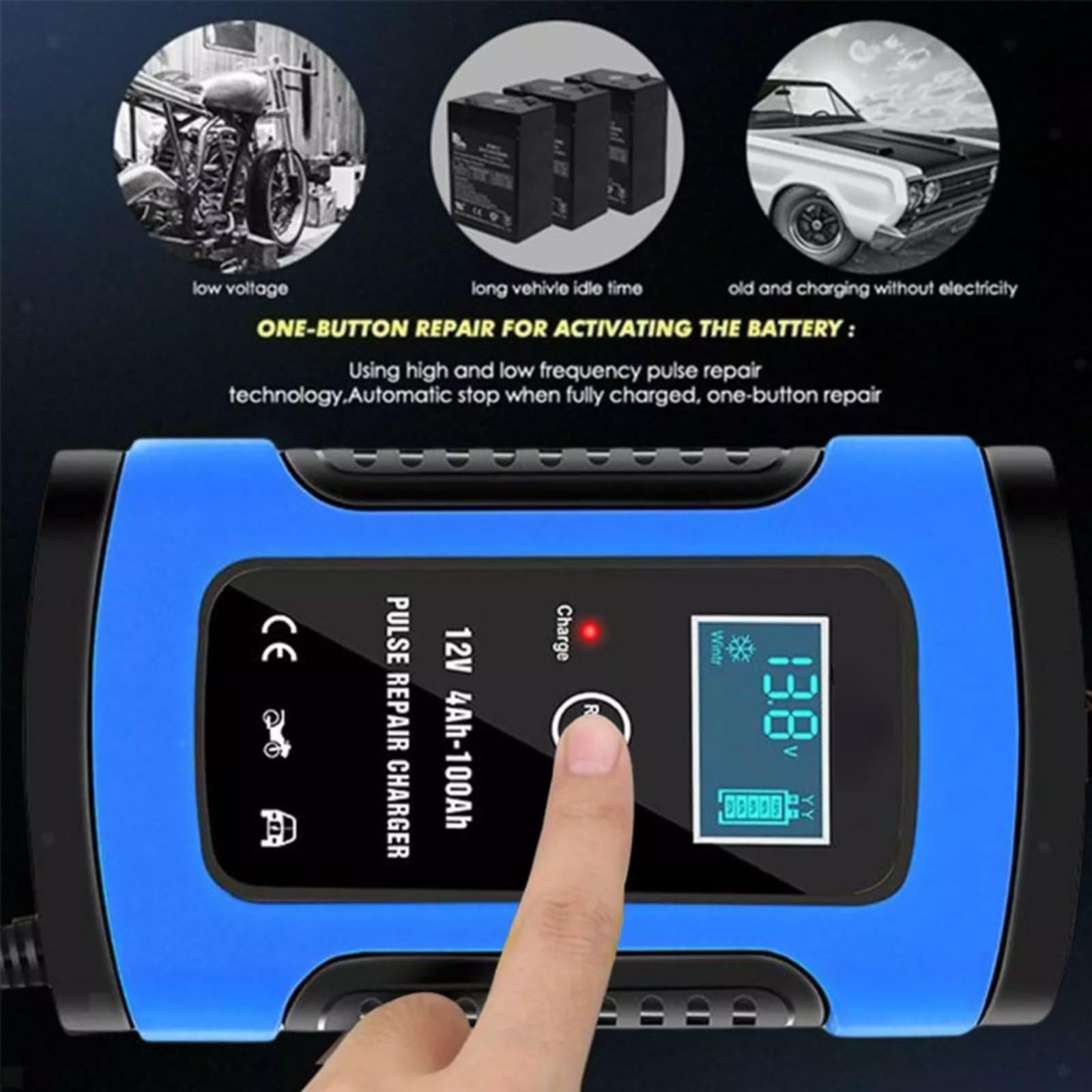 Cargador de batería de Coche Inteligente Totalmente automático con Enchufe UE de 12 V y 6 A, Cargador de Mantenimiento y reparación de pulsos para Coches, Motocicletas y embarcaciones