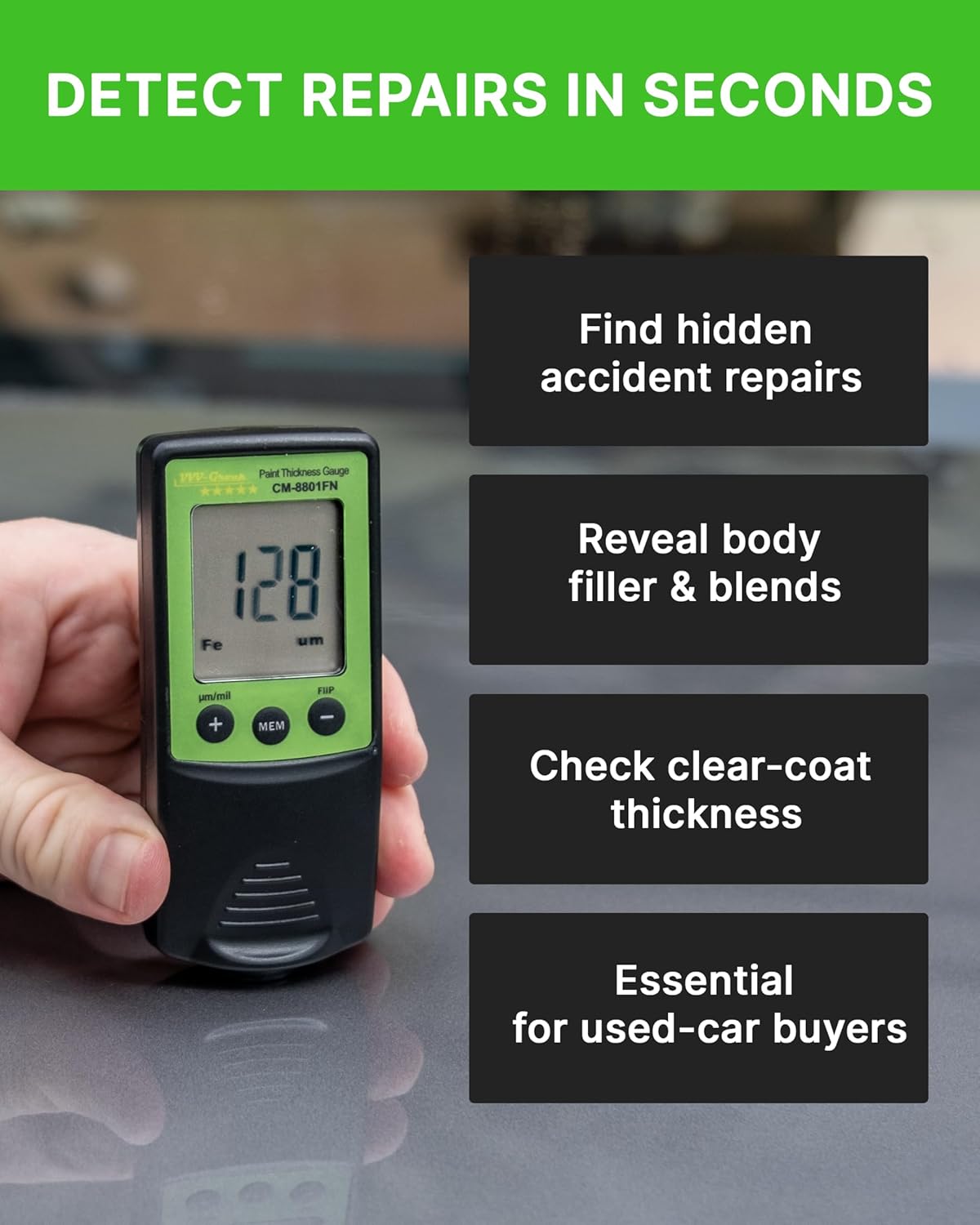 Paint Thickness Gauge CM-8801FN for Cars – Digital Coating Thickness Meter, Auto Fe/NFe Detection, 1 μm Resolution, 0–1250 μm (0–49 mils), ±(3%+2 μm) Accuracy, Automotive Inspection Tool