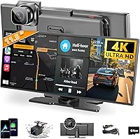 Leadtree 11.5" Largest Wireless Apple CarPlay & Android Auto Screen with 4K Dash Cam, 1080P Backup Camera - HD Touchscreen for All Cars