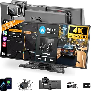 Leadtree 11.5" Largest Wireless Apple CarPlay & Android Auto Screen with 4K Dash Cam, 1080P Backup Camera - HD Touchscreen for All Cars