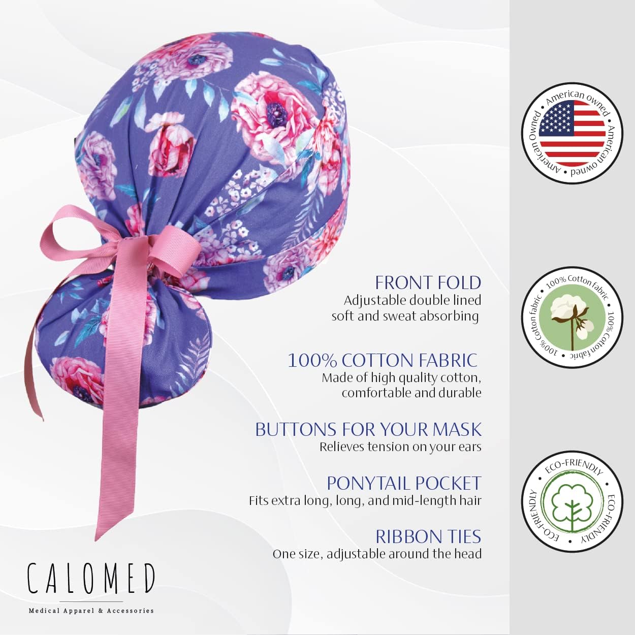 Scrub Cap for Women and Men, Ponytail Scrub Caps, Working Hat, Head Cover with Ribbon Ties and Buttons, Long Hair