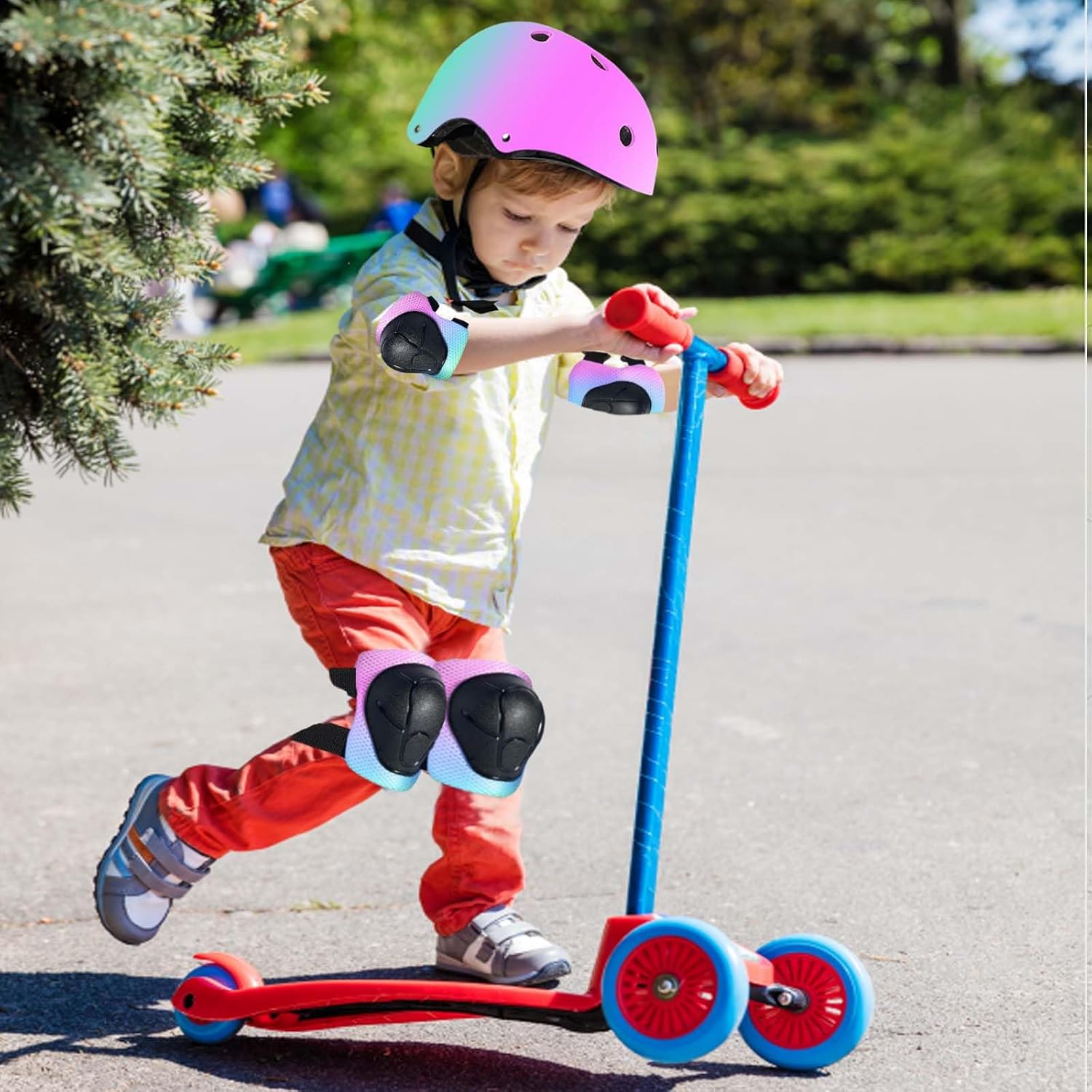 Kids Bike Helmet Set Adjustable for Children, Boys, Girls and Teenagers Aged 3-8 Years Includes Elbow, Knee, Wrist Guards Children's Helmet Protection Set for Bikes SkateboardsRollerskates