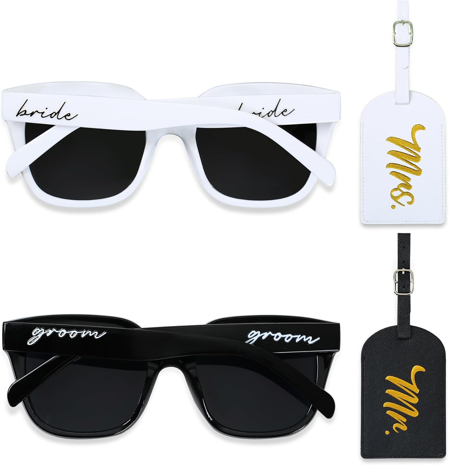 4pcs Bride and Groom Sunglasses Set - Bridal Shower Wedding Gifts, Bride and Groom Gifts, Wedding Honeymoon Sunglasses, Mr and Mrs Luggage Tags, Honeymoon Travel Bachelorette Gift