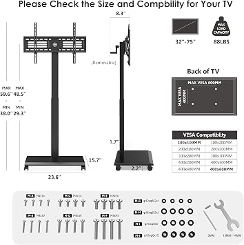 FITUEYES Hand Crank Lift TV Stand with Wheels for 32-75 Inch TVs, Black