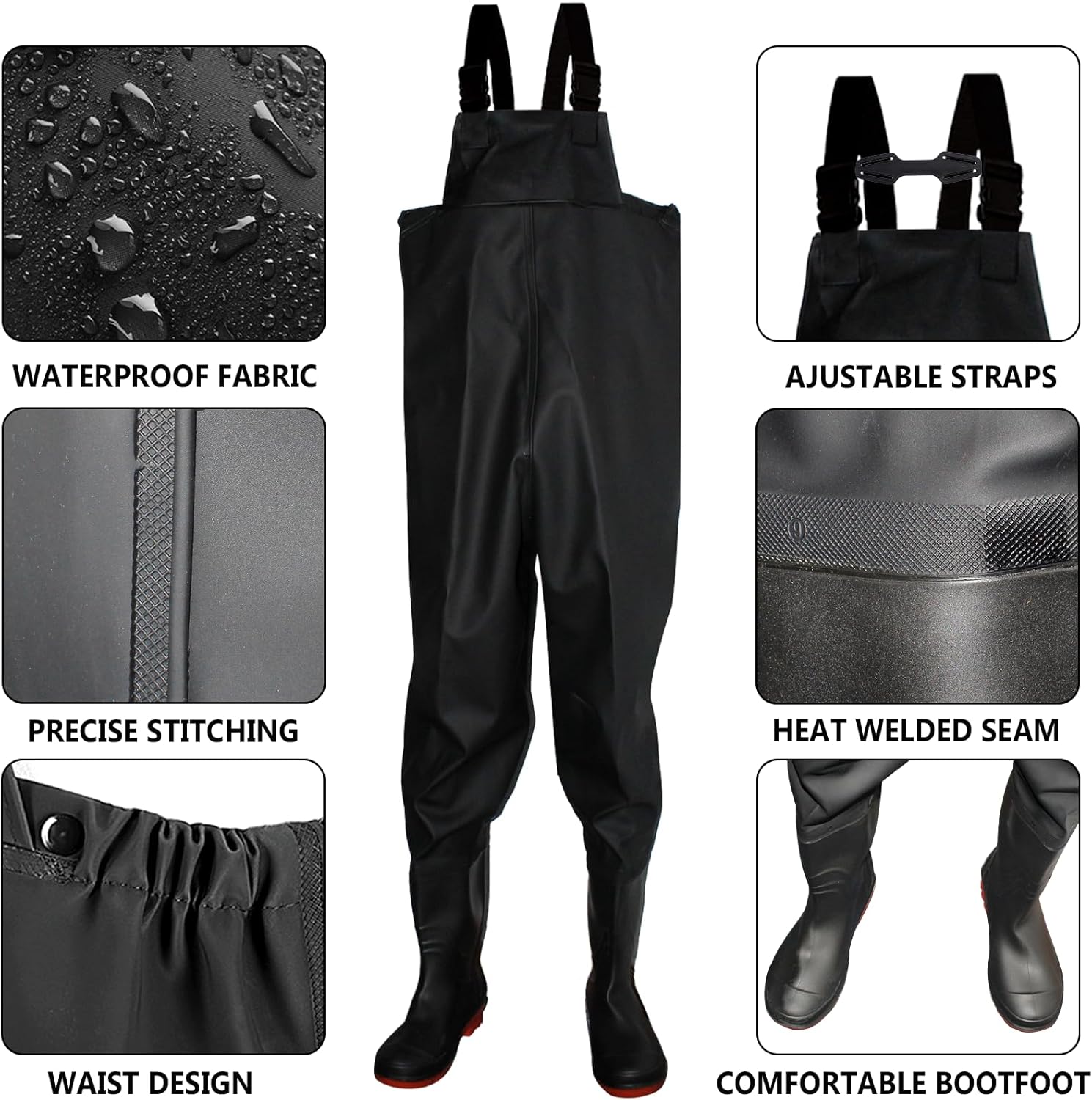 Fishing Chest Waders and Waist Wader Pants for Men, Waterproof PVC Lightweight Bootfoot Black Insulated Wading - Image 3