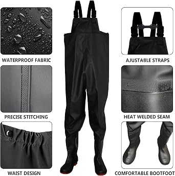 Fishing Chest Waders and Waist Wader Pants for Men, Waterproof PVC Lightweight Bootfoot Black Insulated Wading