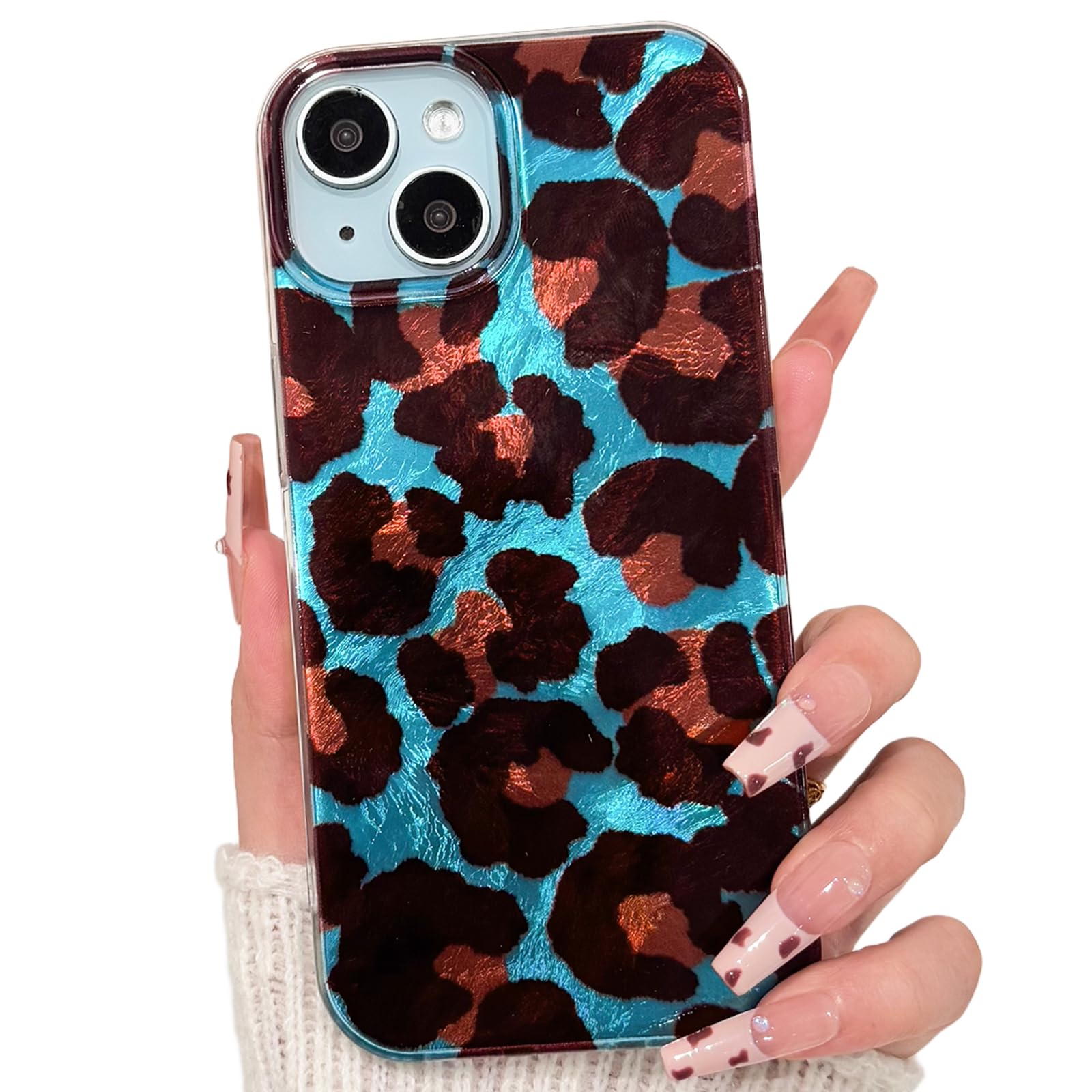 Lovmooful Compatible for iPhone 15 Case Cute Aesthetic Leopard with Laser Design with Bumper Protector for Girls Women Soft TPU+PC Shockproof
