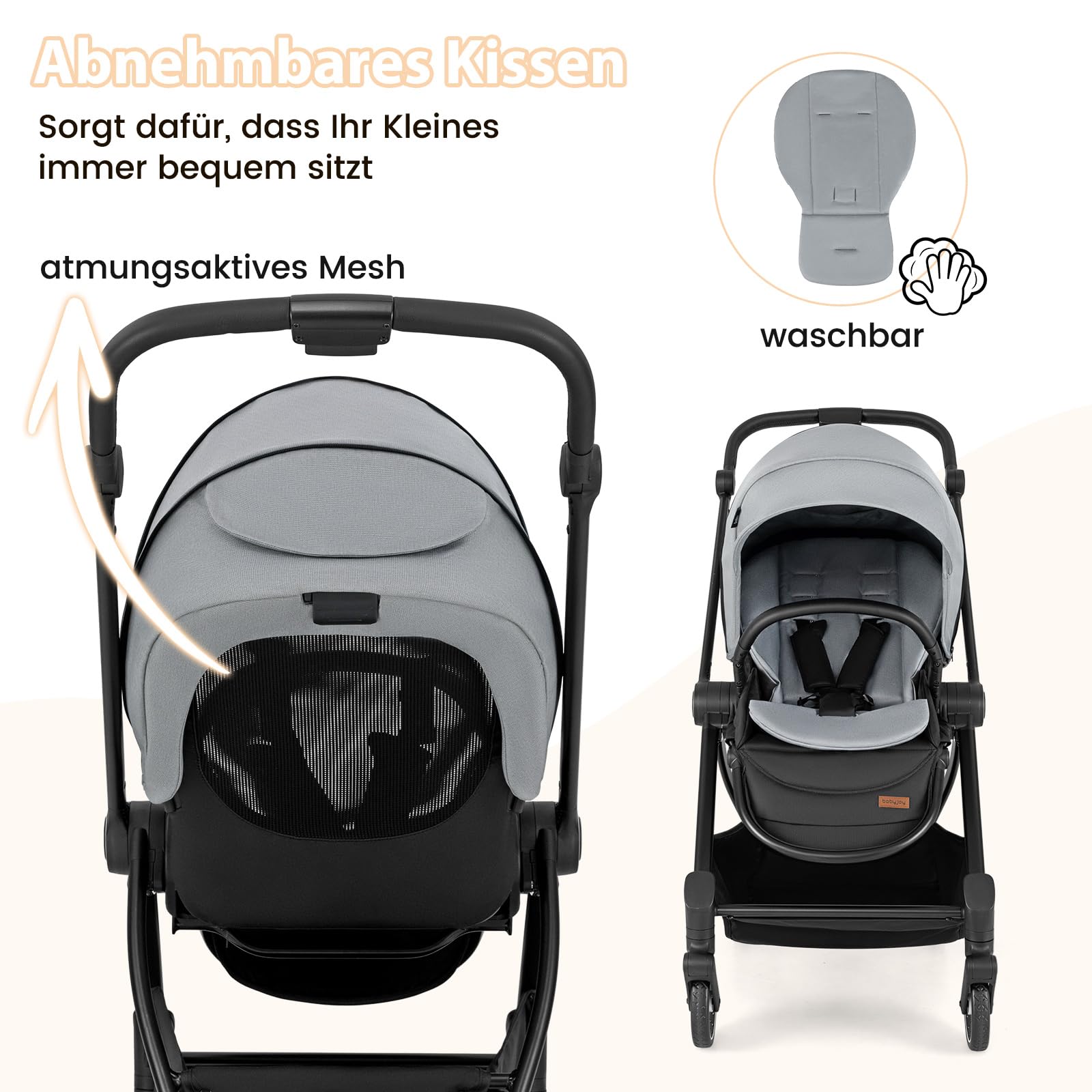 COSTWAY Kinderwagen faltbar mit umkehrbarem Sitz, Reisebuggy mit verstellbarer Rückenlehne, Griff, Sonnendach & Fußstütze, Babywagen Kinderbuggy mit Aufbewahrungskorb für 0-3 Jahre (Grau)