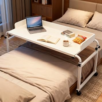 47-82in Lenght & Height Adjustable Mobile Over The Bed and Recliner Table, Cross-Bed Rolling Laptop Computer Desk Overbed Kids and Adult Desk on Wheels, White