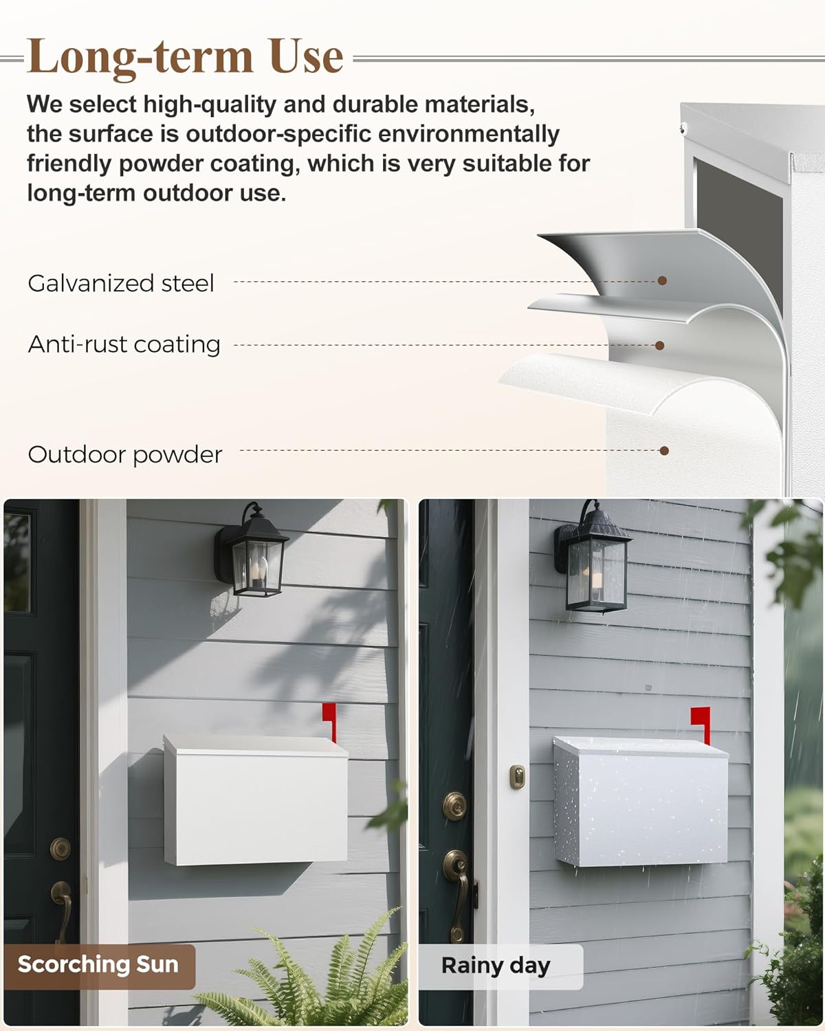 Wall-Mount Mailbox for Outside, Large Capacity Rust-Proof Mail Box with Stay-Open Lid & Red Flag Kit, Galvanized Steel Weather-Resistant Post Box for House Outside, 10.5"x4.3"x14.2", White