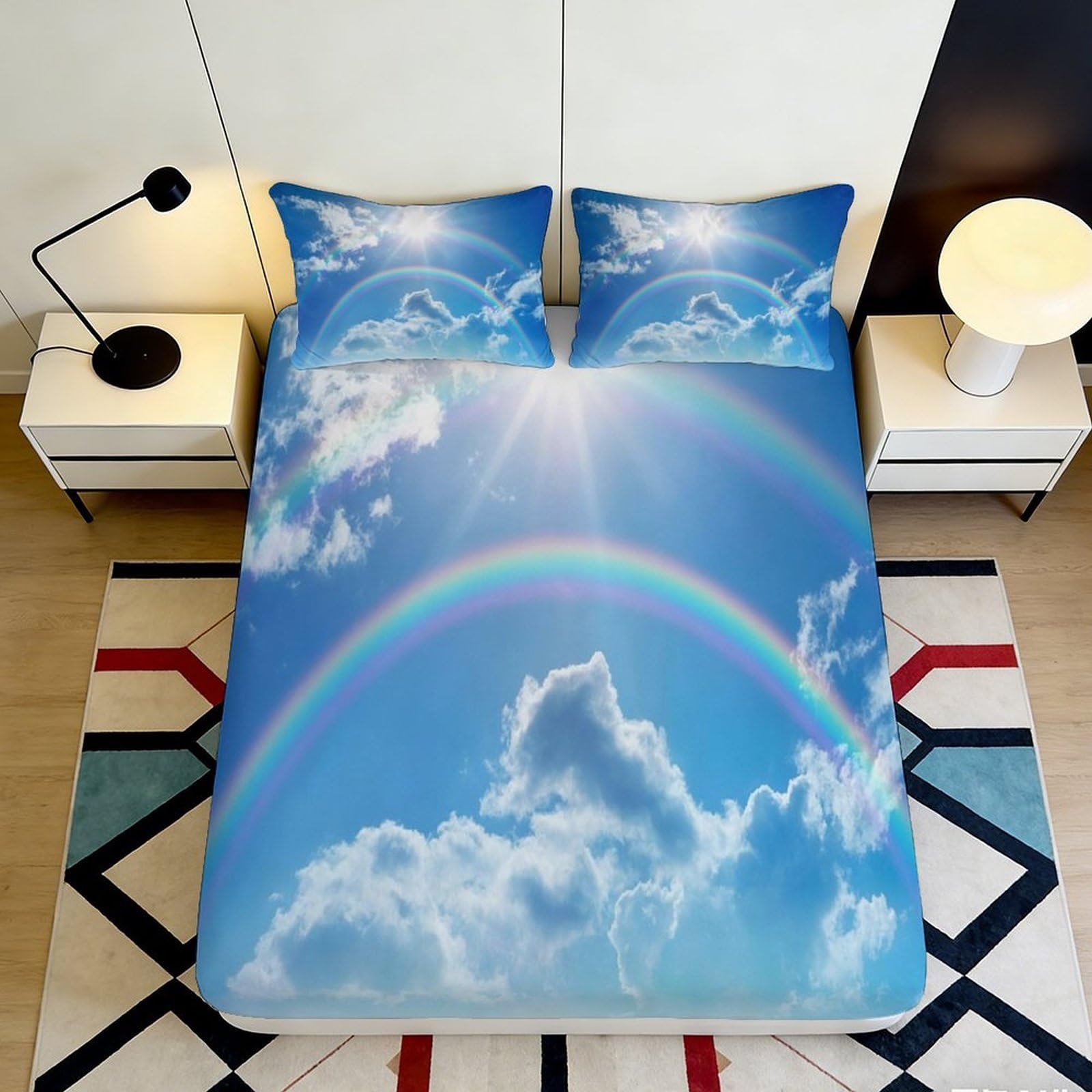 3D Printed Rainbow Sky Fitted Sheet Microfiber Soft Bed Sheet Sunlight Cloud Mattress Cover for Bedroom Guest Room Decor 90x200x25cm