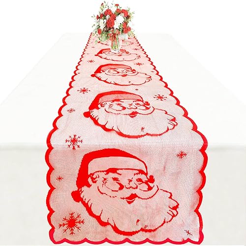 Camino de mesa de Navidad de 72 pulgadas – Camino de mesa de Papá Noel de encaje rojo para decoraciones de mesa de Navidad – Camino de mesa de