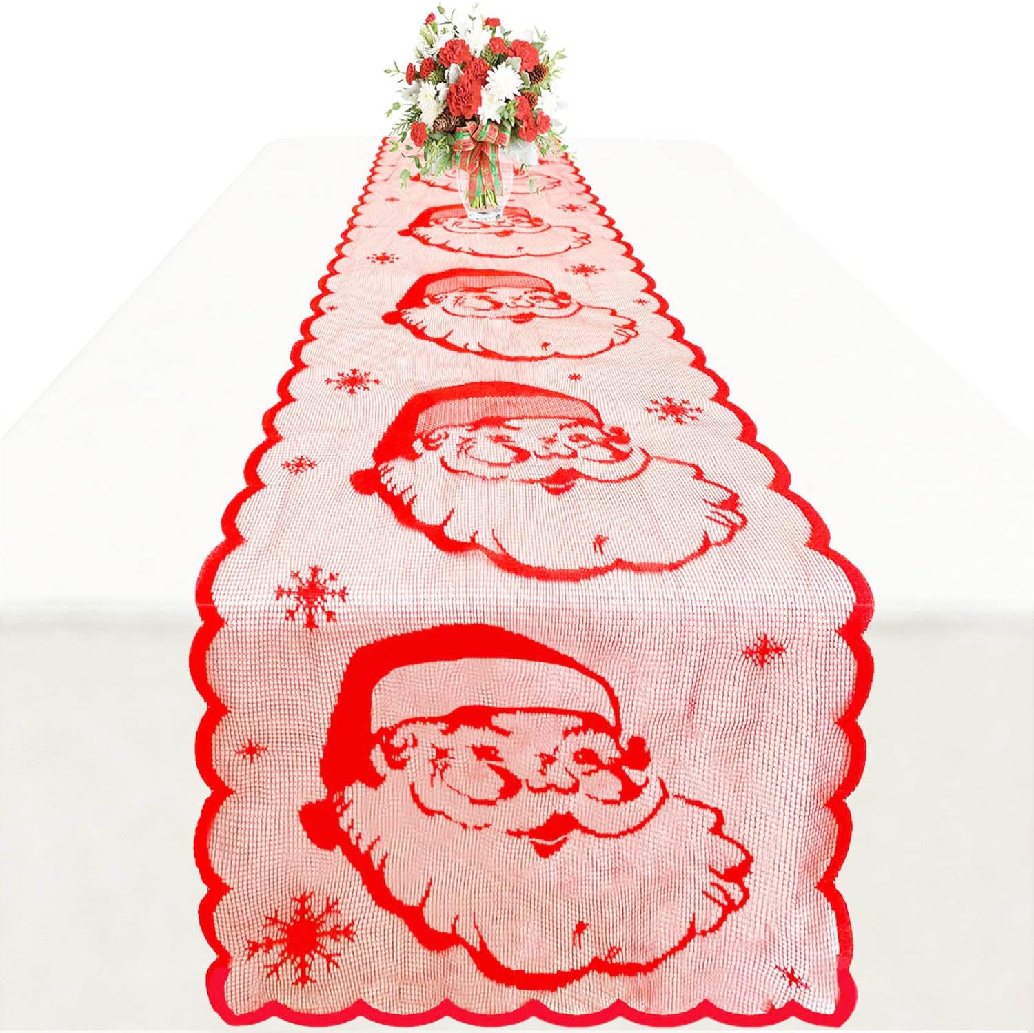 Christmas Table Runner 72 Inches - Red Lace Snowflake Santa Claus Table Runner for Christmas Table Decorations - See-Through Xmas Table Runner for Winter Home Dining Room Decorations Indoor