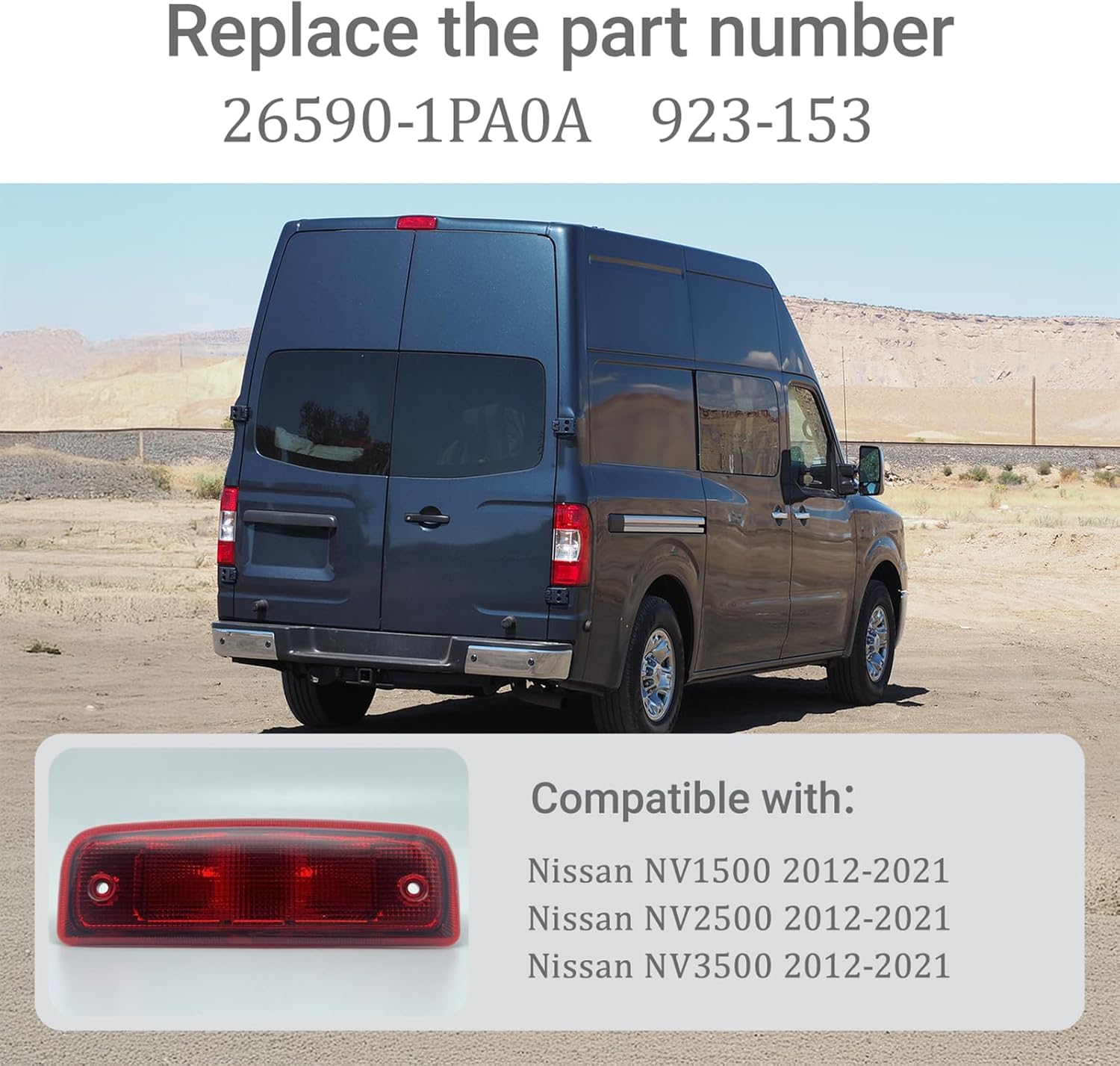 Third 3rd Brake Light High Mount Stop Light 3rd Lamp Compatible With 2012-2021 Nissan NV1500 NV2500 NV3500 Repalcement 26590-1PA0A 923-153