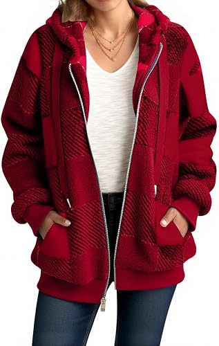 Womens Plaid Hoodies Long Sleeve Fleece Coats With Pockets Fall Outfits