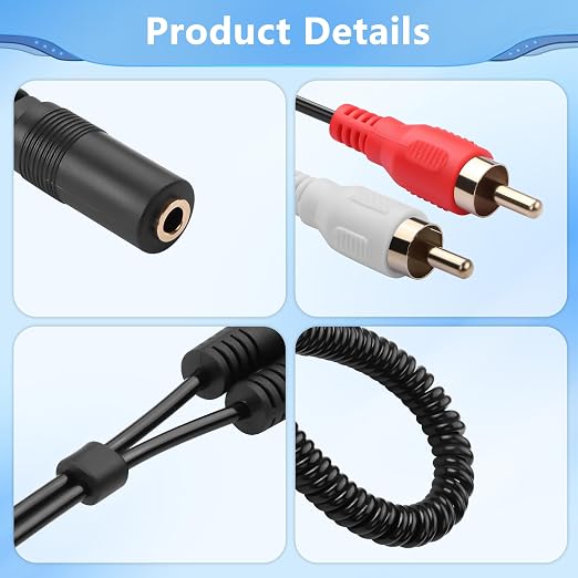 CERRXIAN 3.5mm to 2 RCA Stereo Audio Coiled Cable,1/8" TRS Female to 2 RCA Male Gold-Plated Coiled Spring Y Splitter Cable,for Connecting Amplifiers, Speakers, Etc- Up to 0.7M/2.3FT miniatura 5