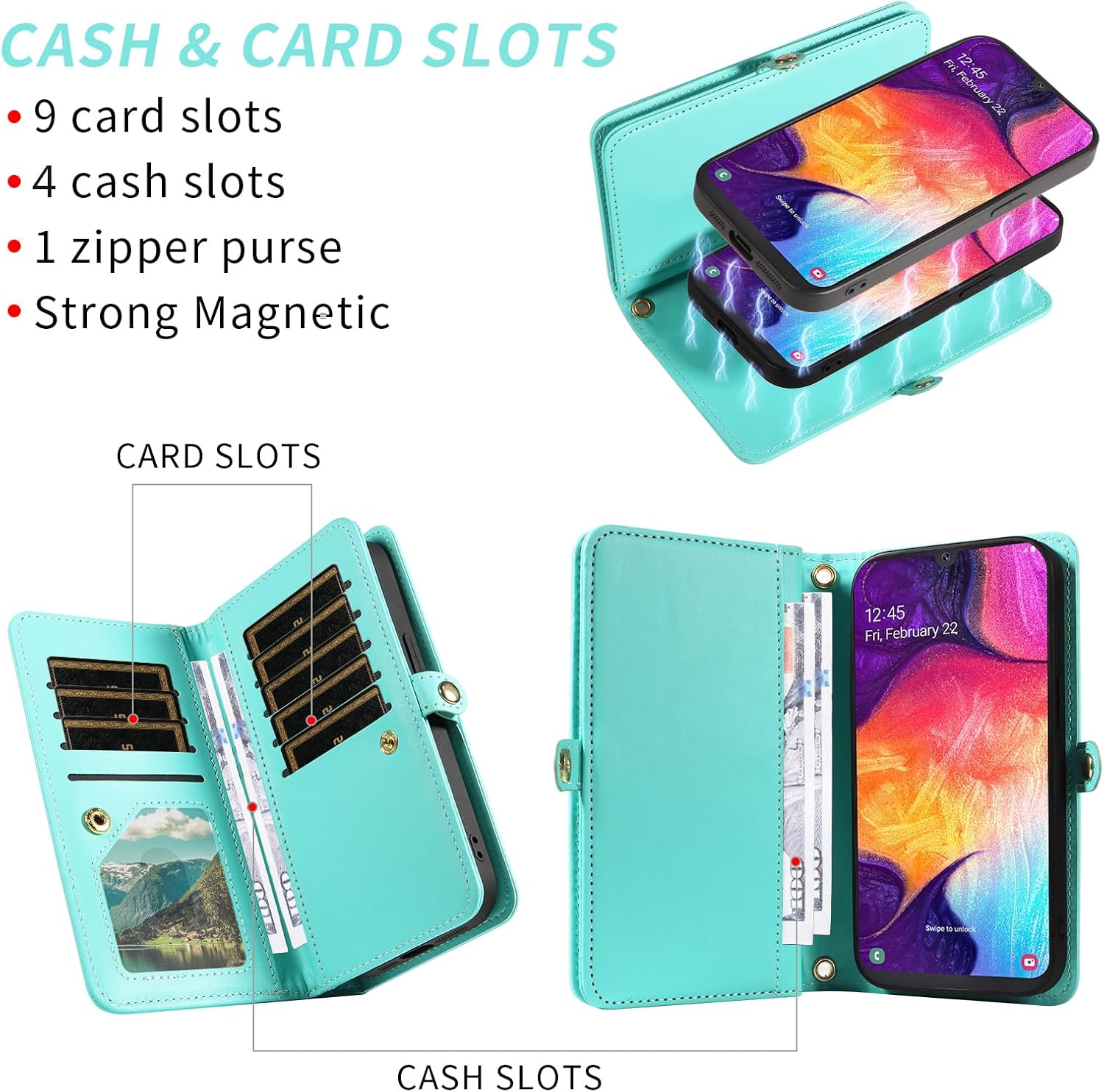 Asuwish Phone Case for Samsung Galaxy A50 A50S A30S Zipper Wallet Detachable Cell Cover with Screen Protector Crossbody Strap Bling Flip Credit Card Holder A 50 50S 30S S50 50A SM A505G Women Men Teal