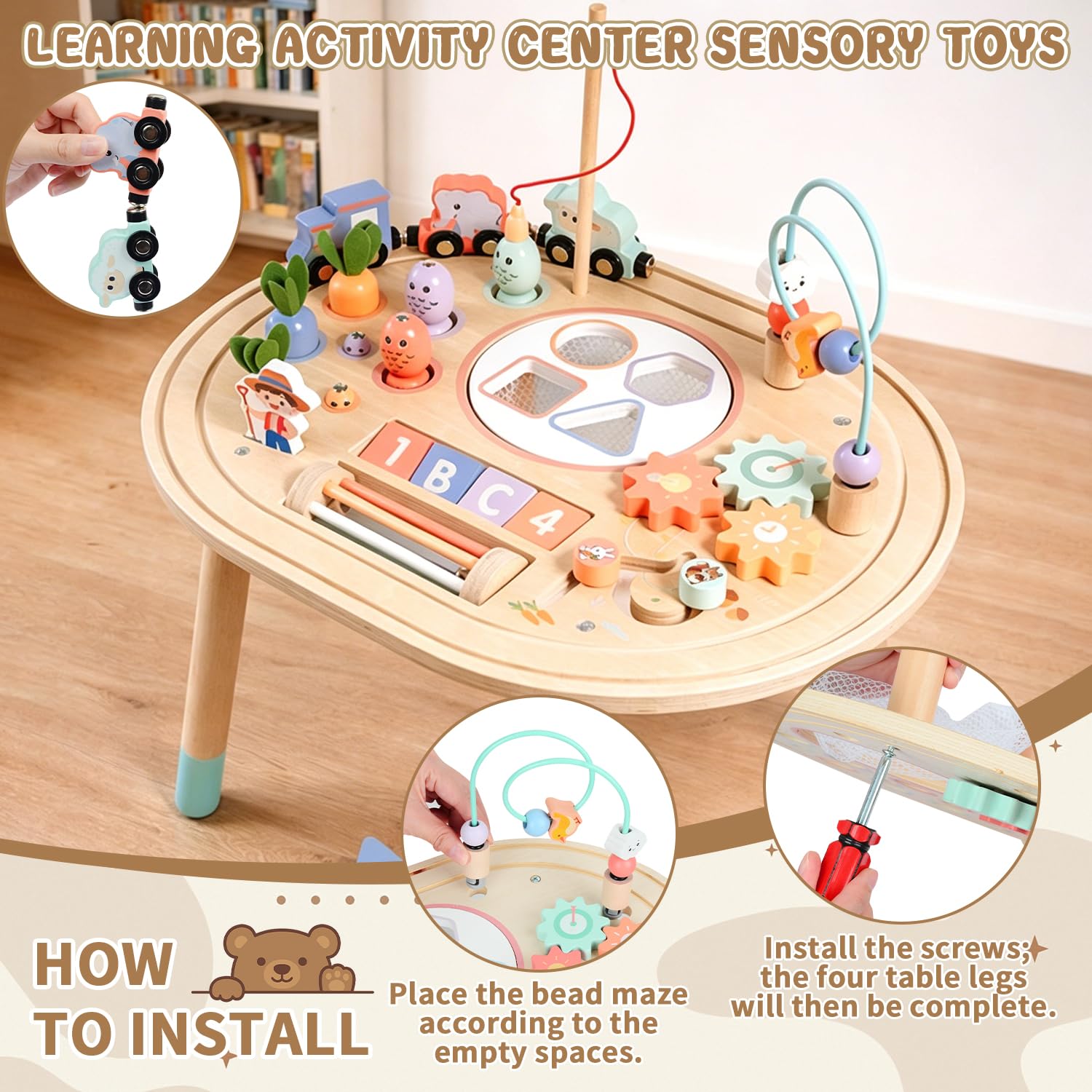 10-en-1 Mesa de Actividades Bebés, Montessori de Madera para Niños 1Años | Juguete Sensorial con Juego de Pesca, Tren de Animales y Clasificador de Formas, Regalo Cumpleaños Navidad para Niña Niño