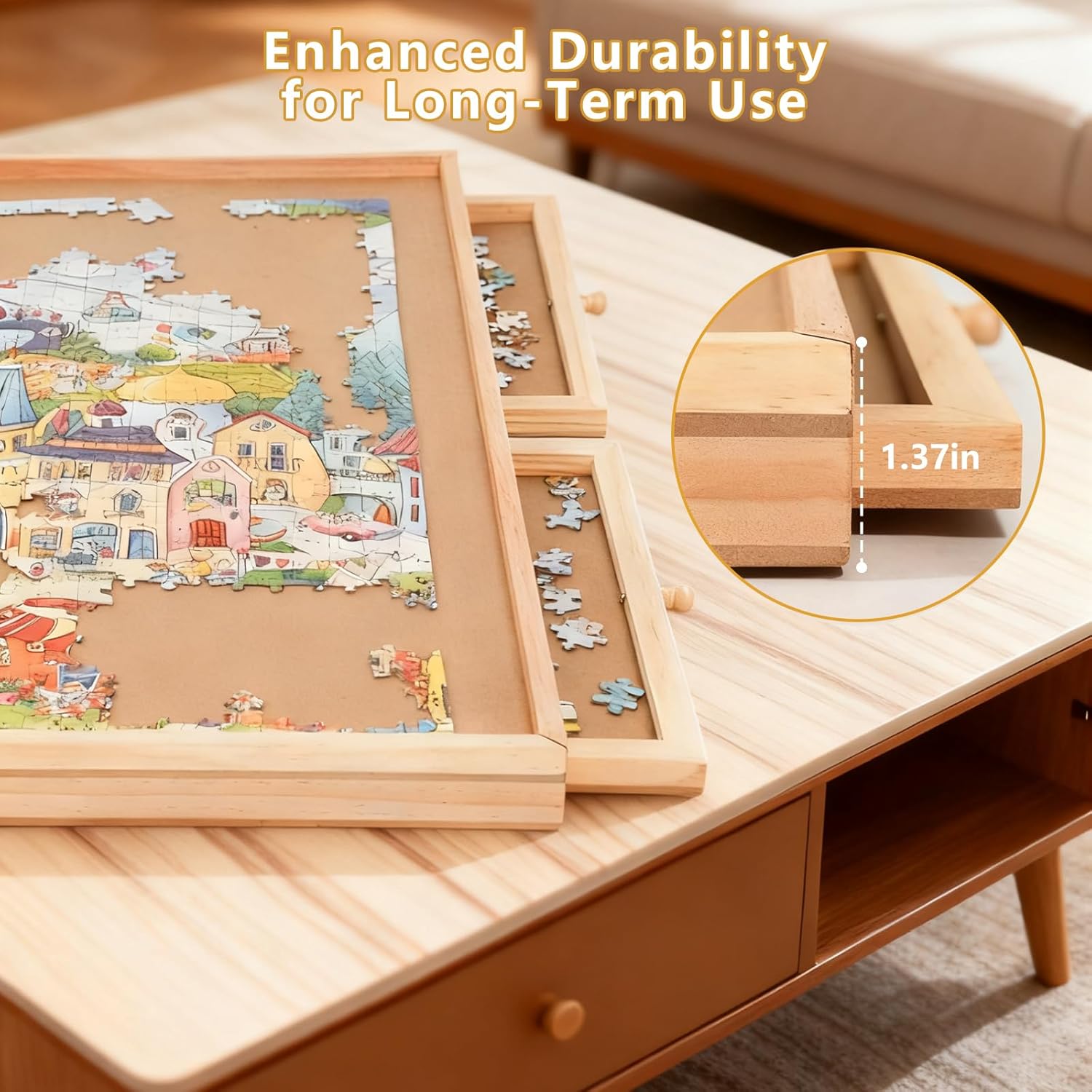 1500 Piece Rotating Wooden Puzzle Board with Drawers, 35" x 27" Jigsaw Puzzle Table Featuring 6 Storage Trays, Portable Puzzle Organizer for Adults