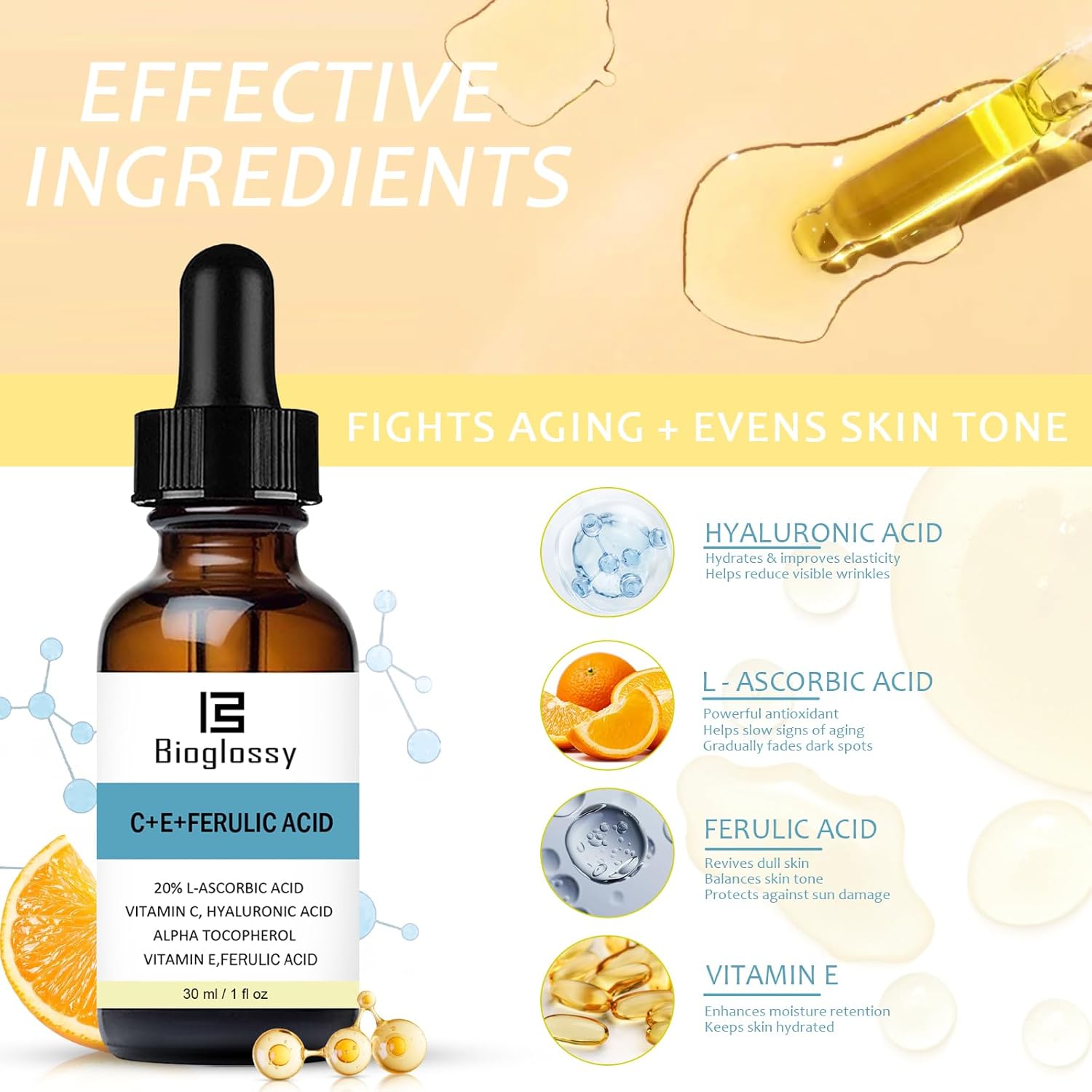 Vitamin CE Ferulic Acid Serum 20% Vitamin C Serum + Vitamin E & Hyaluronic Acid - Skin Moisturizer Face Dark Spot Corrector and Anti Aging 30ml / 1 fl.oz - Image 2