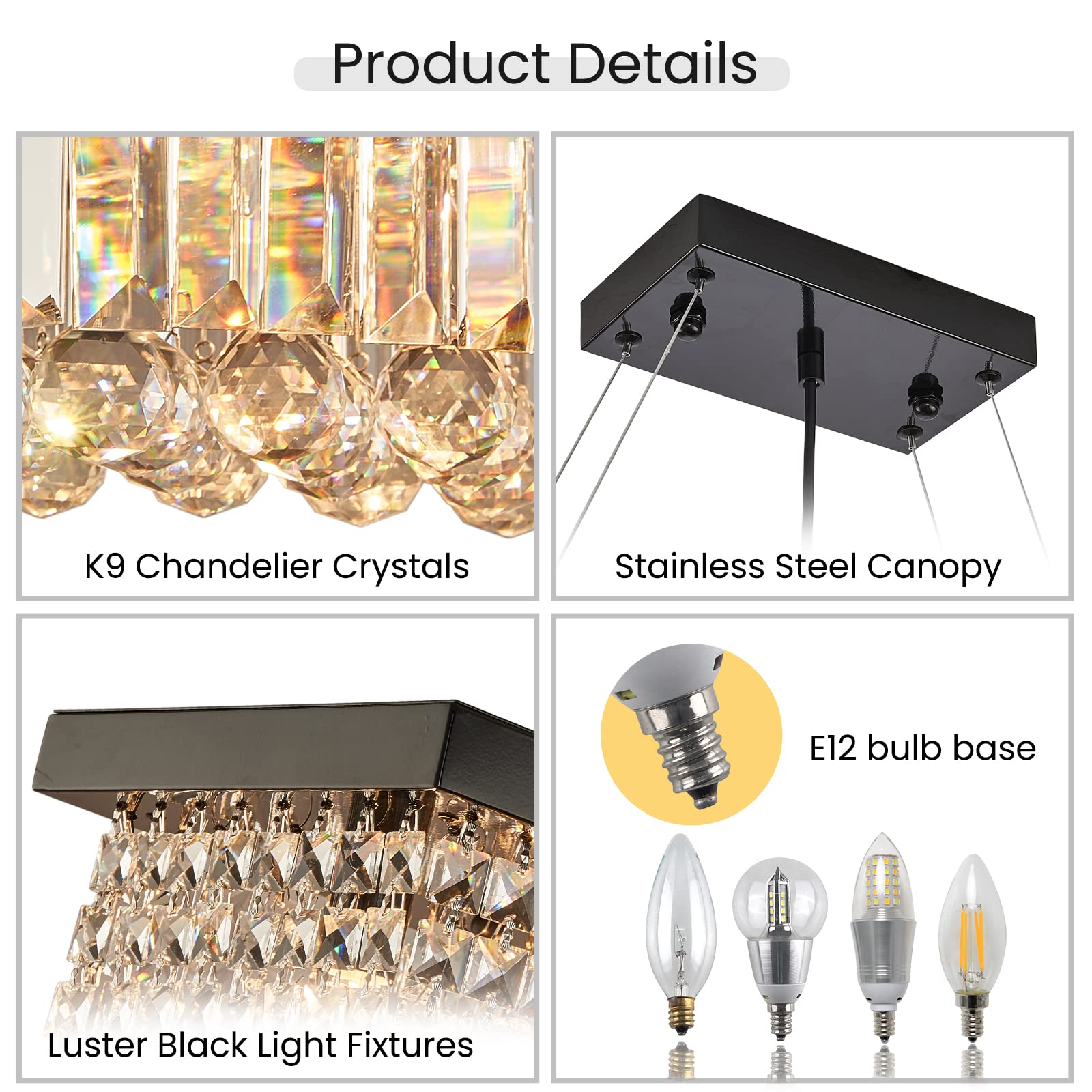 7PM Rectangle K9 Crystal Chandelier Modern Rectangular Pendant Lighting Fixture for Dining Room Kitchen Island Bedroom Black L31.5 x W10 x H10