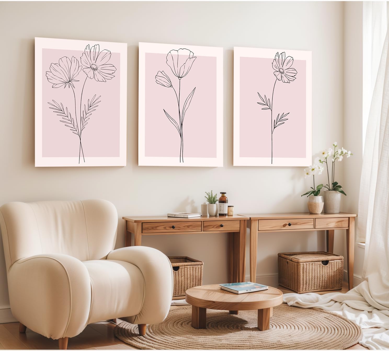 Pink Wall Art Set of 3 Framed, Blush Pink Floral Canvas Wall Decor Pictures, Minimalist Botanical Line Art Prints for Girls Bedroom Teen Room Living Room Aesthetic 12x16 Inch