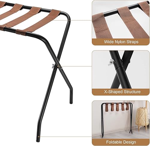 Miniatura 3 de OFIDELITY Estante de equipaje, 1 unidad, estante plegable de metal para maleta con correas de nailon marrón y marco de acero, habitación de