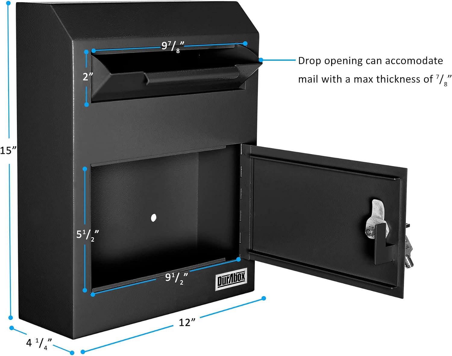 DuraBox Wall Mount Locking Drop Box, Heavy Duty Steel Mailbox for Rent Payments, Mail, Keys, Cash, Checks - Safe Storage Dropbox for After Hours Deposits W500 (Black)