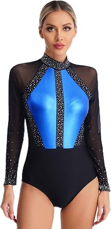 FEESHOW Womens Shiny Rhinestone Ballet Gymnastics Dance Leotard Long Sleeve Rhythmic Gymnastics Bodysuit