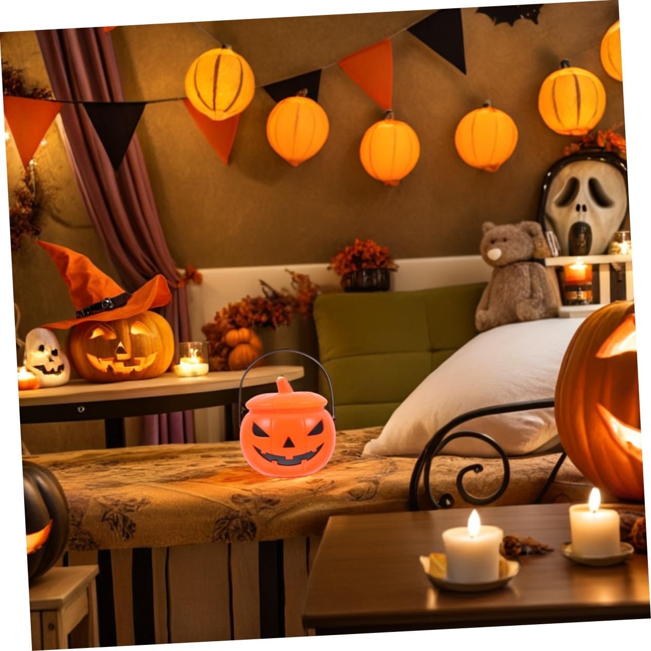 Halloween Season Pumpkin Candy Bucket Light Sound Plastic Handle Kids