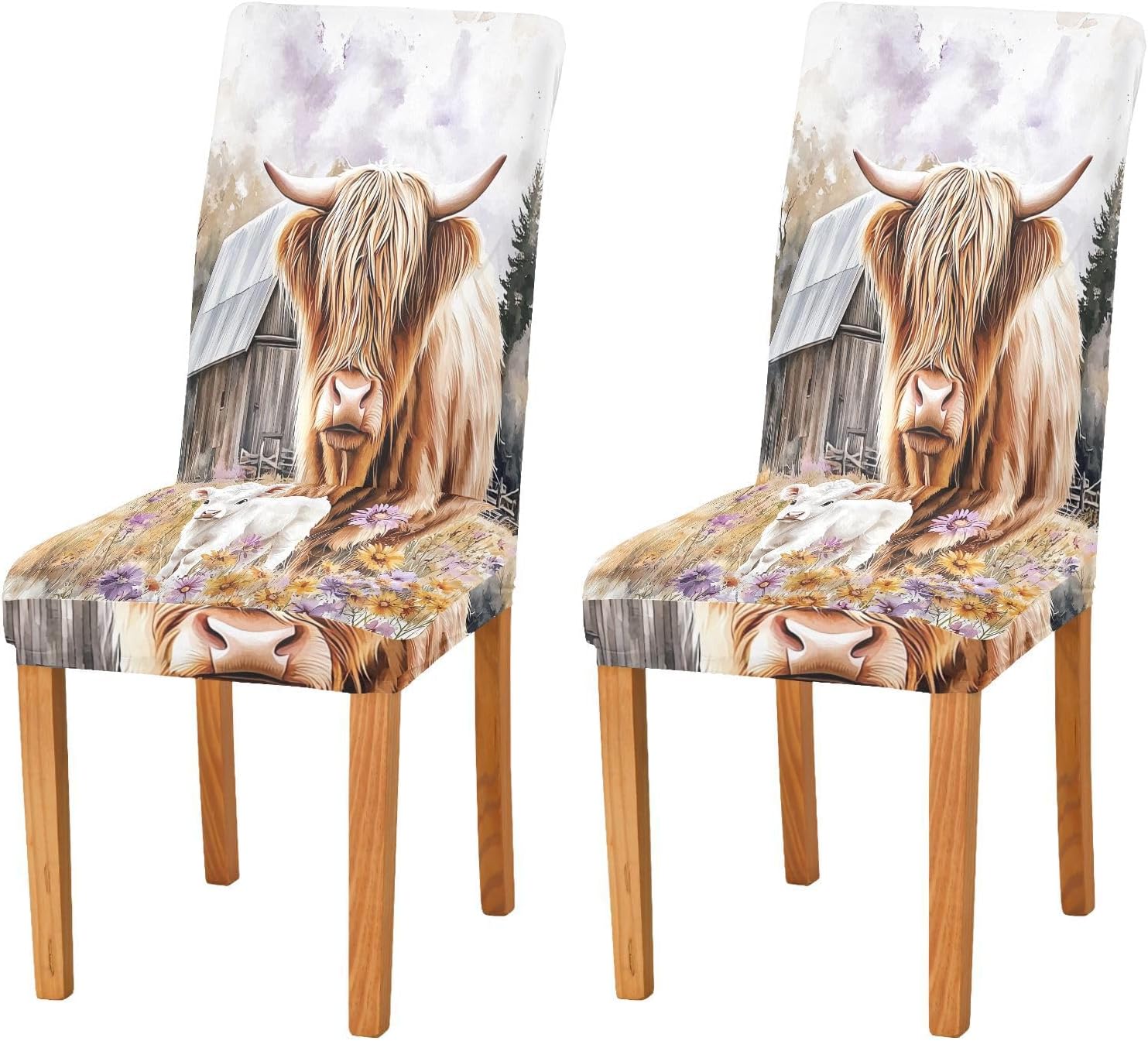 ALAZA Chair Covers for Dining Room, Highland Cow Farm Stretch Chair Cover Sets Chair Protector Removable Washable for Ktichen Restaurant Hotel