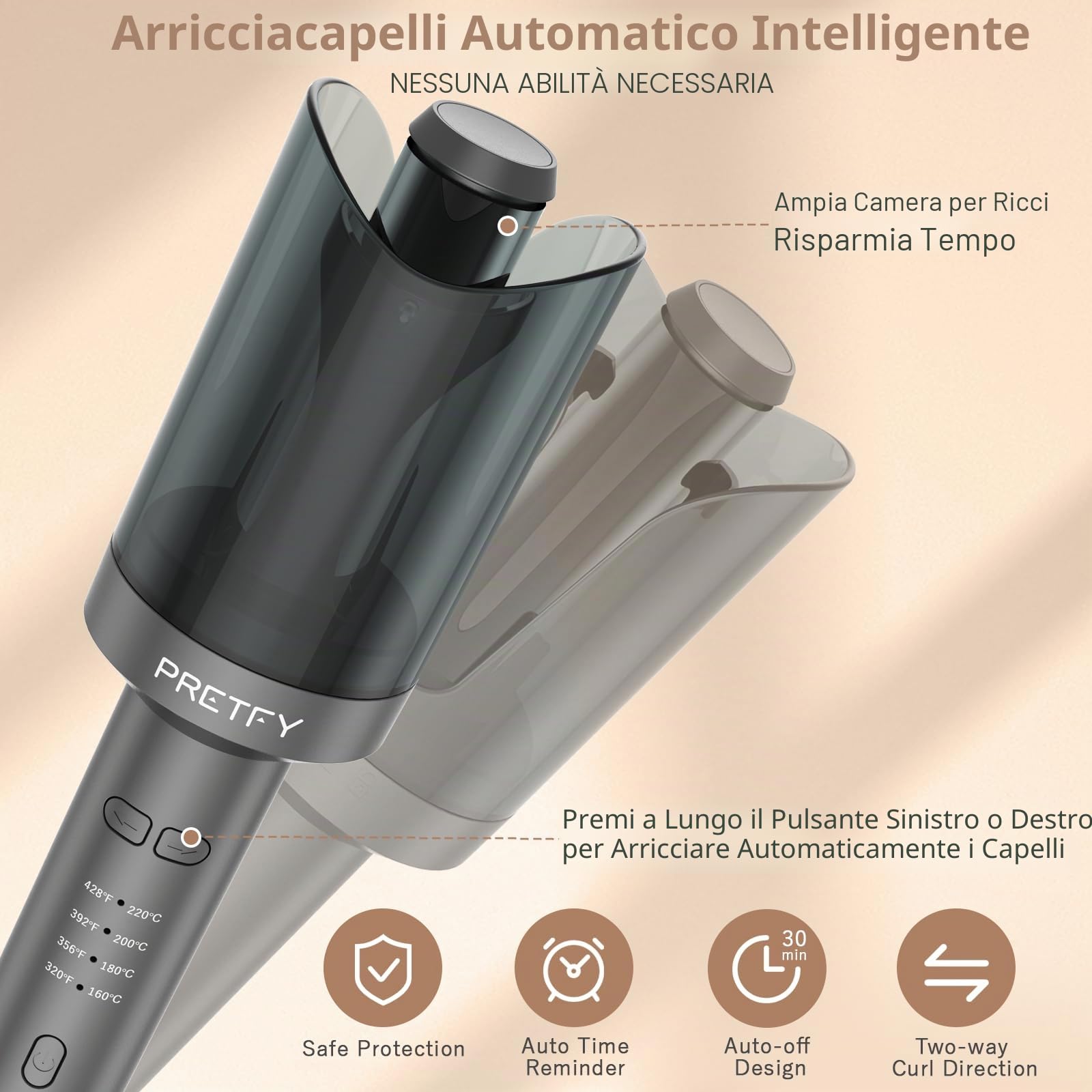 Arricciacapelli Automatico, Ferro Arricciacapelli Con cavo di alimentazione girevole a 360°, Arricciatura con un tocco arricciacapelli styler per capelli portatile(Nero)