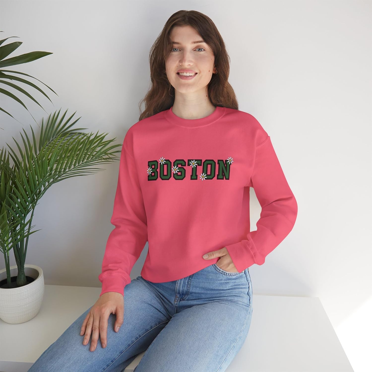 Boston Block Text Floral Crewneck Sweatshirt, Boston Graphic, Gildan 18000 - Image 2