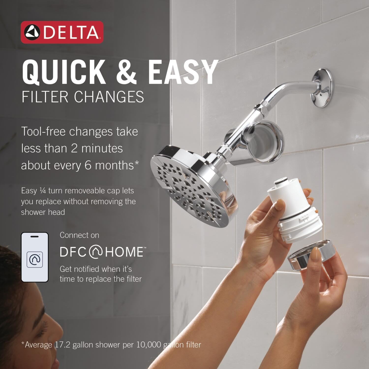 Delta Bateria Clarifi Standardowa nasadka filtra prysznicowego z filtrem, filtr prysznicowy z twardą wodą, filtr głowicy prysznicowej, chrom 7SF100